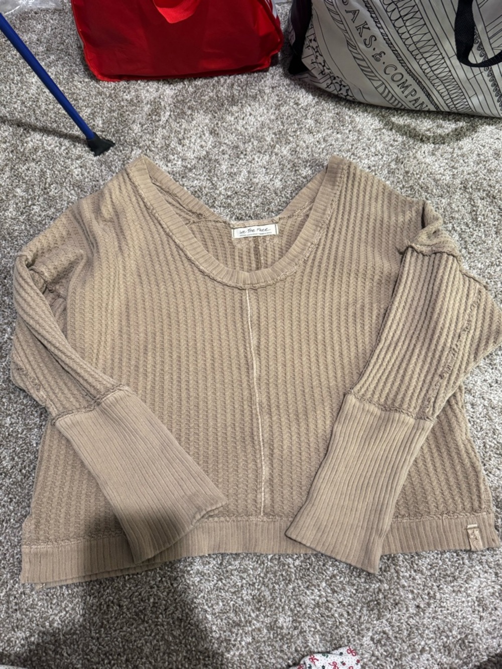 We The Free Taupe Waffle-Knit V-Neck Sweater